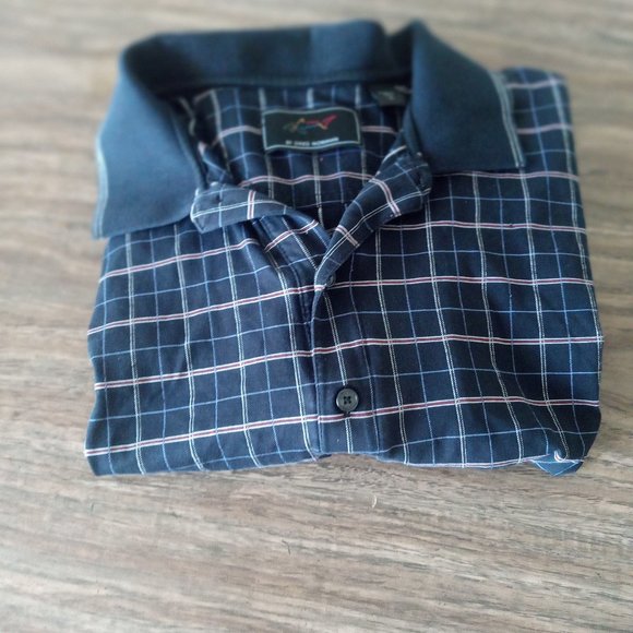 Greg Norman Polo Shirt Men Large Dark Blue Check Shark Golf Casual Short Sleeve - Picture 3 of 6